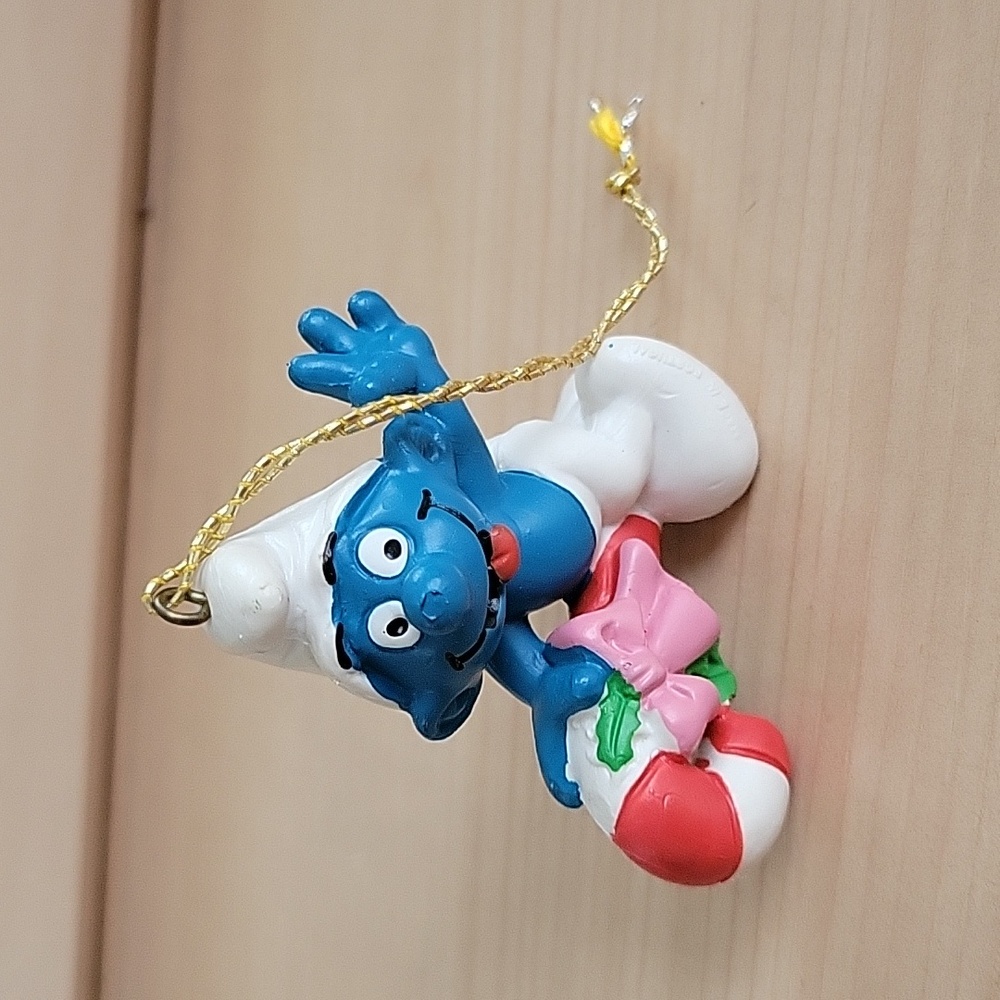Smurf Riding Candy Cane Ornament 1981 Peyo